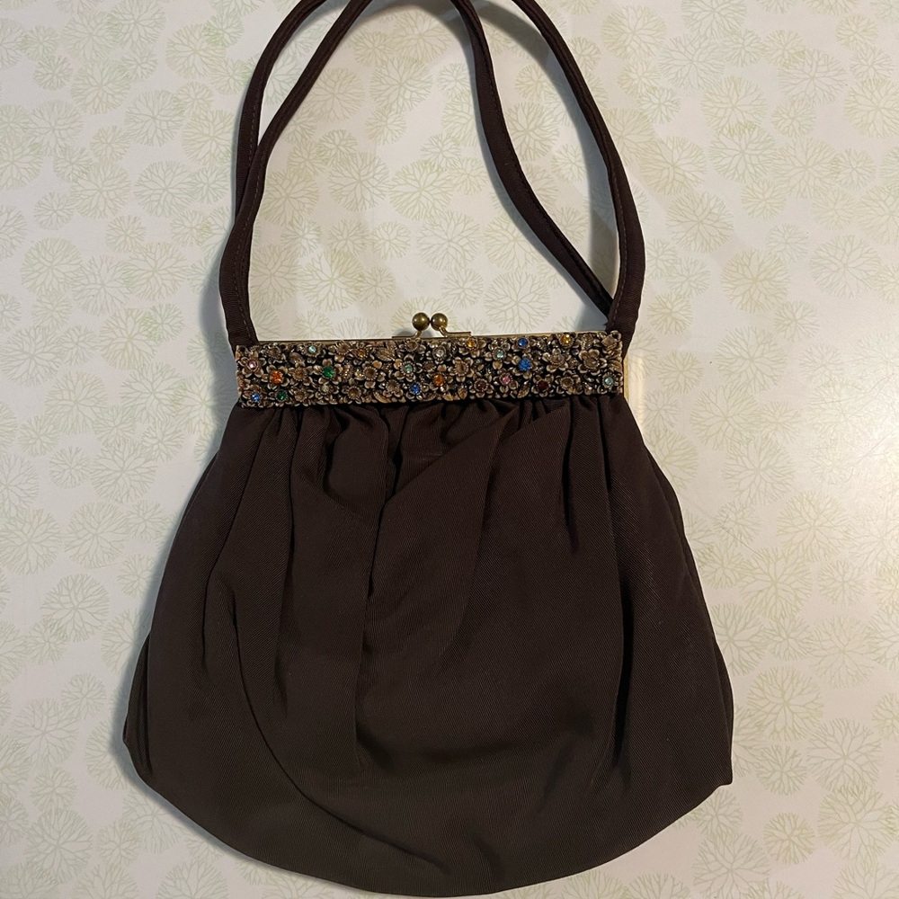 Vtg 1940's Guild Original Dark Chocolate Cloth Evening Purse w/rhinestones